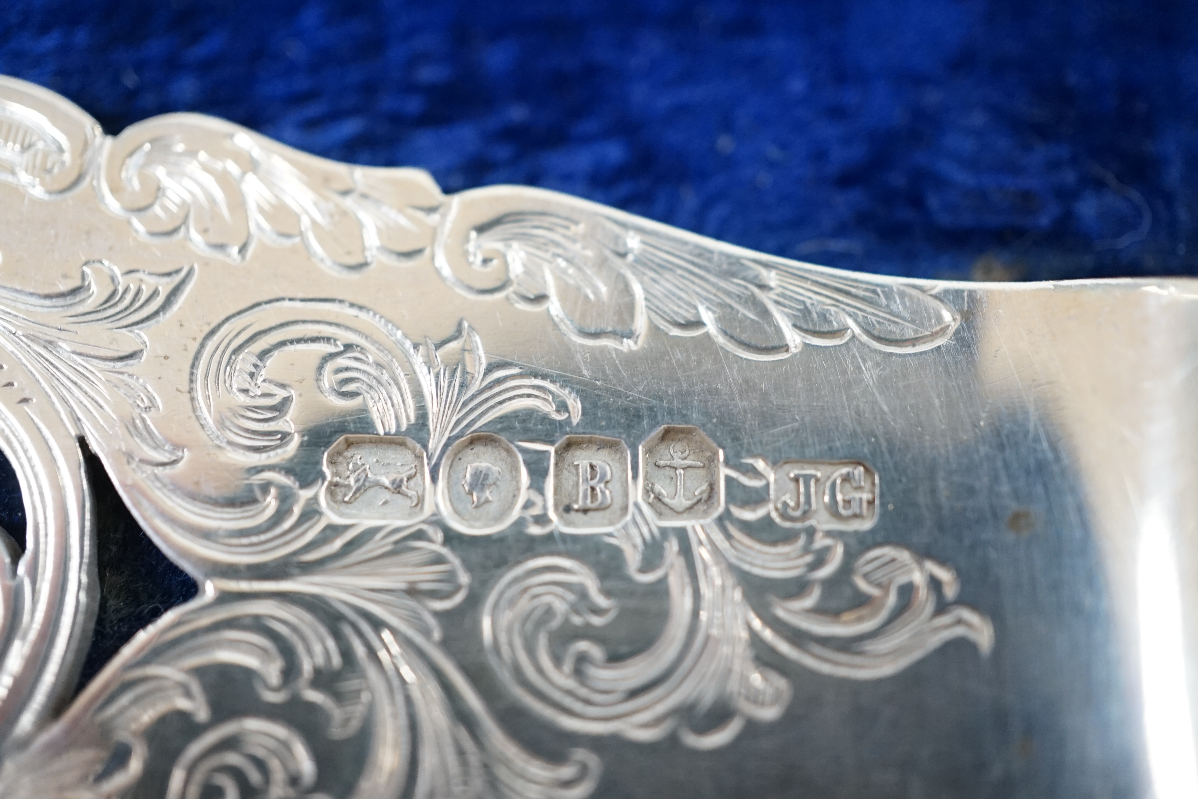 A cased pair of Victorian fish servers, by John Gamage?, Birmingham, 1850, slice 31.9cm. Condition - poor